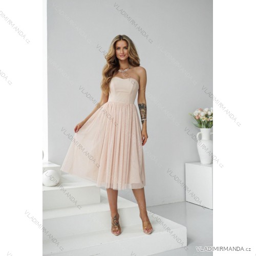 Women's Long Elegant Dress with Wide Straps (SL) FRENCH FASHION FMPEL23VELVET béžová smetanová 42