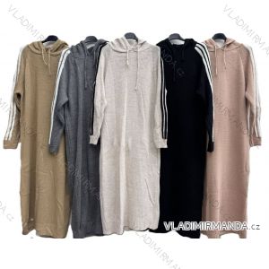 Šaty dlouhé pletené s kapucí dlouhý rukáv dámské (S/M/L ONE SIZE) ITALSKÁ MÓDA IMD25200