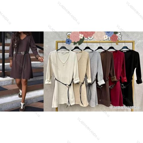 Šaty krátké teplé s páskem dlouhý rukáv dámské (S/M/L ONE SIZE) ITALSKÁ MÓDA IMC25443