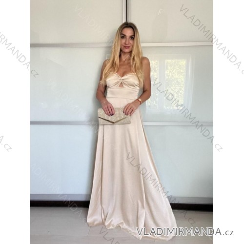 Šaty dlouhé elegantní saténové na ramínka dámské (S/M/L ONE SIZE) ITALSKÁ MÓDA IMPBB25B26588/DU -   béžová -   S/M/L