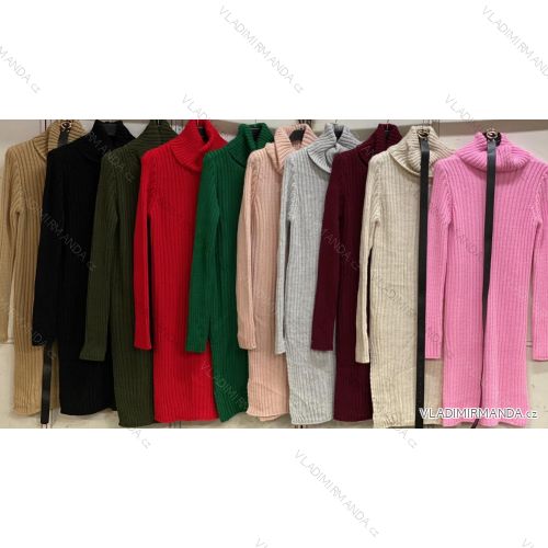 Svetr prodloužený pletený s rolákem a páskem dlouhý rukáv dámský (S/M/L ONE SIZE) ITALSKÁ MÓDA IMC25477