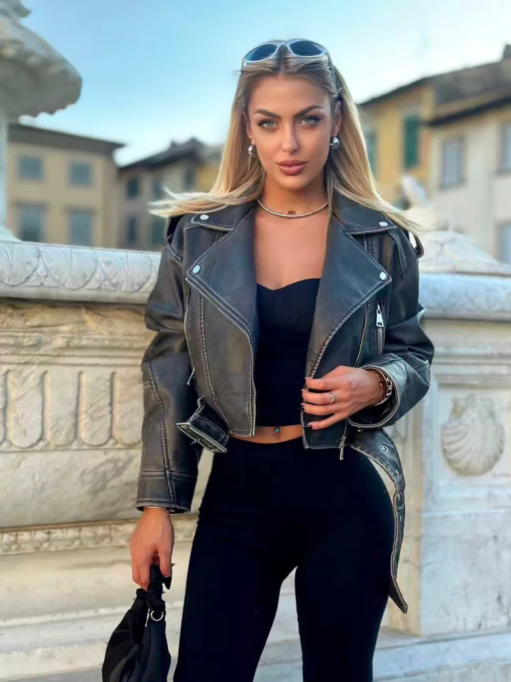 Bunda koženková dlouhý rukáv dámská (S/M/L ONE SIZE) ITALSKÁ MÓDA IMPLP2524170024