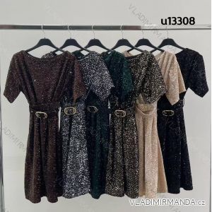 Šaty společenské elegantní třpytivé s páskem krátký rukáv dámské (XS/S/M ONE SIZE) ITALSKÁ MÓDA IMM25M13308