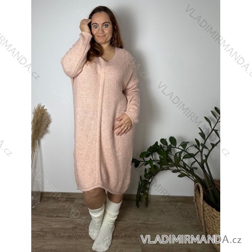 Šaty pletené dlouhý rukáv dámský nadrozměr (3XL/4XL ONE SIZE) ITALSKÁ MÓDA IM821028 starorůžová 3XL/4XL ONE SIZE