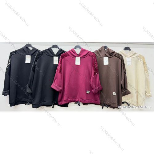 Mikina máslová s kapucí a flitry dlouhý rukáv dámská nadrozměr (54/56/58 ONE SIZE) ITALSKÁ MÓDA IM425866
