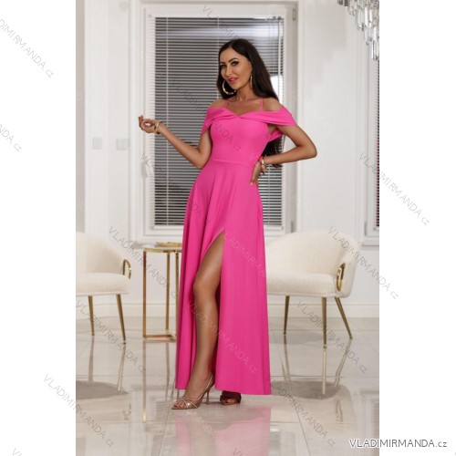 Šaty dlouhé carmen přes ramena společenské třpytivé dámské (34-42) POLSKÁ MÓDA PMLEL25SILLA3 růžová fuchsiová 34