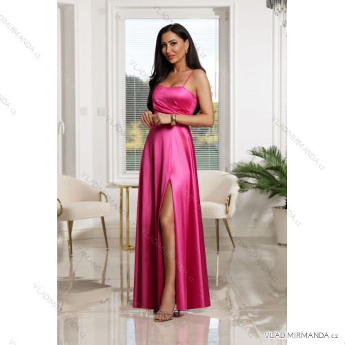 Šaty dlouhé společenské saténové na ramínka dámské (32-42) POLSKÁ MÓDA PMLEL25NATHALIEA13 růžová fuchsiová 
