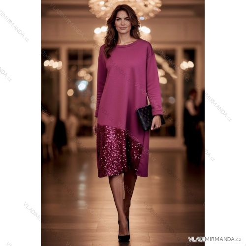 Šaty elegantní s flitry dlouhý rukáv dámské nadrozměr (46/48/50 ONE SIZE) ITALSKÁ MÓDA IMD25337