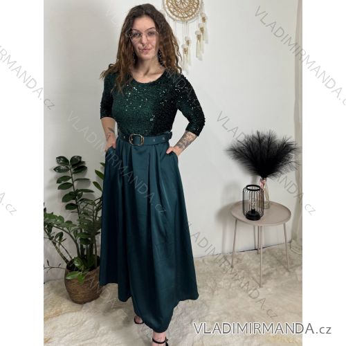 Šaty dlouhé společenské flitrové s páskem dlouhý rukáv dámské (XS/S/M ONE SIZE) ITALSKÁ MÓDA IMM25M13302
