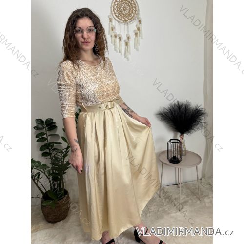 Šaty dlhé spoločenské flitrové s opaskom dlhý rukáv dámske (XS/S/M ONE SIZE) TALIANSKA MÓDA IMM25M13302/DUR béžová XS/S/M