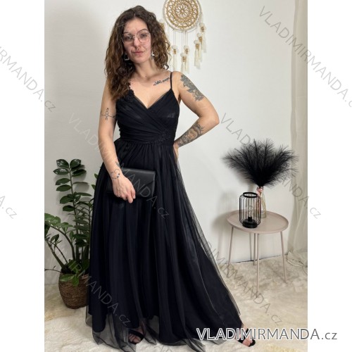 Šaty dlouhé společenské na ramínka dámské ROMANCE (XS/S/M ONE SIZE) ITALSKÁ MÓDA IMC25412/DR Černá XS/S/M