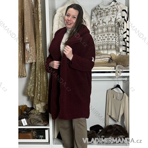 Kabát baránkový teddy oversize na gombíky dlhý rukáv dámsky (M/L/XL ONE SIZE) INDICKÁ MÓDA IMWHA251112/DU M/L/XL vínová