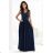 215-6 LEA dlhé elegantné maxi šaty s čipkovaným vrchom a rozparkom na nohe - tmavomodré