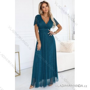 635-1 MELANIA dlouhé, lesklé šaty s výstřihem a krátkými rukávy - lahvově zelené