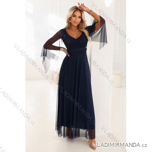 655-3 Dlouhé, třpytivé šaty s výstřihem a průhlednými rukávy - tmavě modré