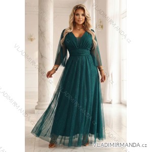 654-1 Dlouhé, třpytivé šaty plus size s kulatým výstřihem a průsvitnými rukávy - lahvově zelené
