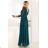 654-1 Long, shimmering plus-size dress with a scoop neckline and sheer sleeves - bottle green