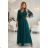 654-1 Long, shimmering plus-size dress with a scoop neckline and sheer sleeves - bottle green