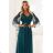 654-1 Long, shimmering plus-size dress with a scoop neckline and sheer sleeves - bottle green