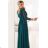 654-1 Long, shimmering plus-size dress with a scoop neckline and sheer sleeves - bottle green