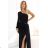 658-1 Glitzerndes, einseitig schulterfreies Maxikleid mit asymmetrischen Ärmeln und Schlitz – schwarz