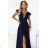 660-1 Elegantes Maxikleid mit Rüschen, tiefem Ausschnitt und Beinschlitz – marineblau