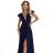 660-1 Elegantes Maxikleid mit Rüschen, tiefem Ausschnitt und Beinschlitz – marineblau