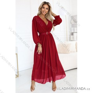 639-1 Elegant pleated maxi dress with a belt and a wrap neckline - burgundy