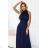 636-2 VERONICA luxurious long dress with a brocade accent and a chic cut - navy blue