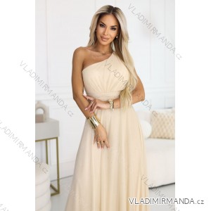 656-2 Long, sparkling, one-shoulder evening dress - champagne beige