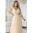654-2 Dlhé, trblietavé šaty plus size s výstrihom a priehľadnými rukávmi - šampanskobéžové