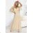 654-2 Dlhé, trblietavé šaty plus size s výstrihom a priehľadnými rukávmi - šampanskobéžové