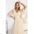 654-2 Dlhé, trblietavé šaty plus size s výstrihom a priehľadnými rukávmi - šampanskobéžové