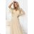 654-2 Dlhé, trblietavé šaty plus size s výstrihom a priehľadnými rukávmi - šampanskobéžové