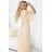 654-2 Dlhé, trblietavé šaty plus size s výstrihom a priehľadnými rukávmi - šampanskobéžové