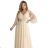 654-2 Dlhé, trblietavé šaty plus size s výstrihom a priehľadnými rukávmi - šampanskobéžové