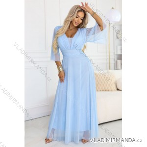 654-3 Long Shimmering Plus Size Dress with Neckline and Transparent Sleeve - Light Blue