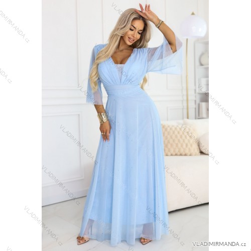 654-3 Long Shimmering Plus Size Dress with Neckline and Transparent Sleeve - Light Blue