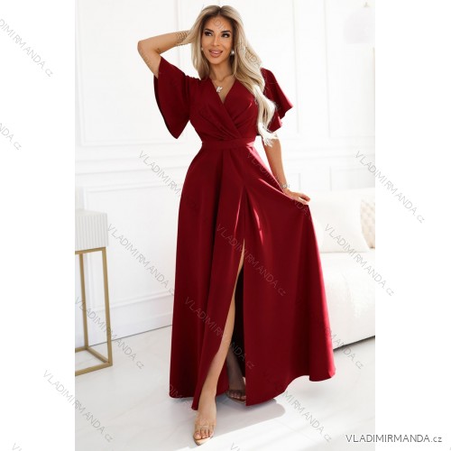 Dlhé šaty JENNIFER s rázporkom na nohaviciach, rukávmi a výstrihom (S-3XL) Poľská moda NMC-581-2/DUR 5XL vínová