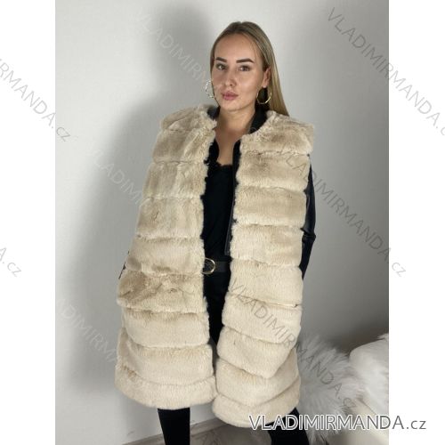 Vesta kožíšek dlouhá dámská 9 pruhu  (XL- 3XL) ITALSKÁ MÓDA ORC23ML-2178/DUR béžová 3XL