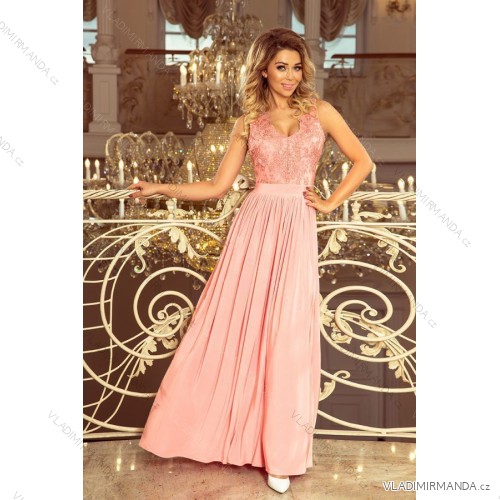 215-4 LEA langes ärmelloses Kleid mit gesticktem Ausschnitt - Pastellrosa NMC-215-4 M Rose alte Rose