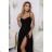 646-4 Long evening dress with straps and leg slit - black