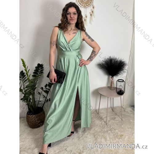 Šaty elegantní dlouhé bez rukávu dámské SARA (M/L/XL ONE SIZE) ITALSKá MóDA IM4251146/DUR zelená lipová M/L/XL