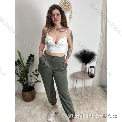 Kalhoty elegantní dámské (S/M/L ONE SIZE) ITALSKÁ MÓDA IM426030/DUR khaki S/M/L