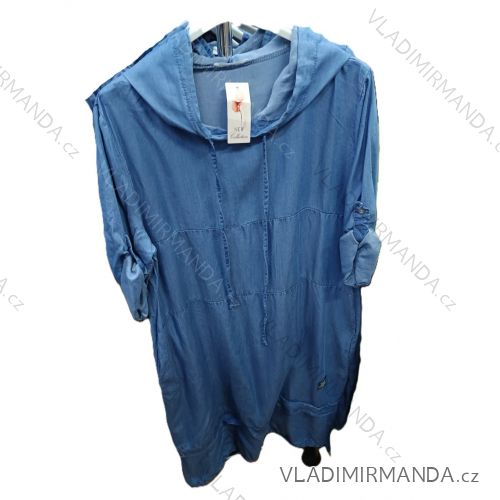 Šaty riflové s kapucí 3/4 dlouhý rukáv dámské nadrozměr (42/44/46 ONE SIZE) ITALSKÁ MÓDA IMSM26086