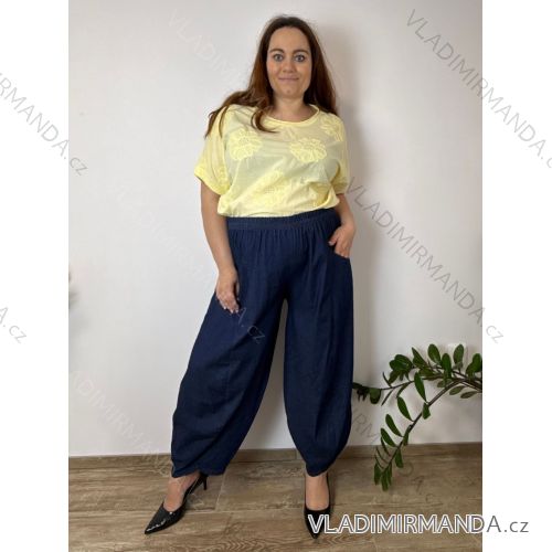 Kalhoty dlouhé letní dámské nadrozměr  INES (42/44/46 ONE SIZE) ITALSKÁ MÓDA IMSM260002/DUR tm. modrá 42/44/46