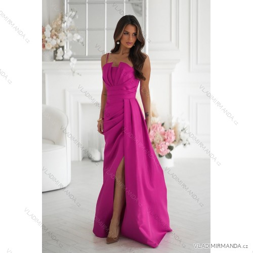 Šaty třpytivé elegantní společenské s geometrickým výstřihem na ramínky dámské (34-46) POLSKÁ MÓDA PMLBC24320-07 tmavě růžová 34