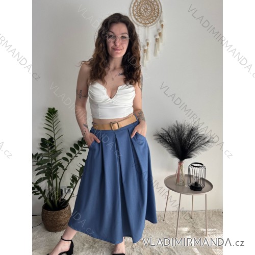 Sukně s páskem dlouhá dámská (S/M/L ONE SIZE) ITALSKÁ MÓDA IMSM26106/DU modrá džínová S/M/L