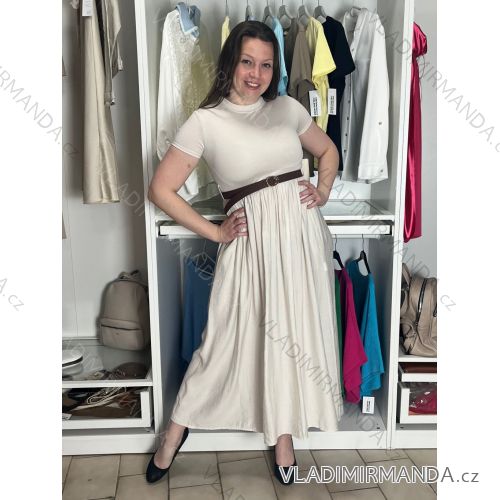Šaty dlouhé letní s páskem krátký rukáv dámské KARLA (S/M/L ONE SIZE) ITALSKÁ MÓDA IM426000326/DUR S/M/L světle béžová