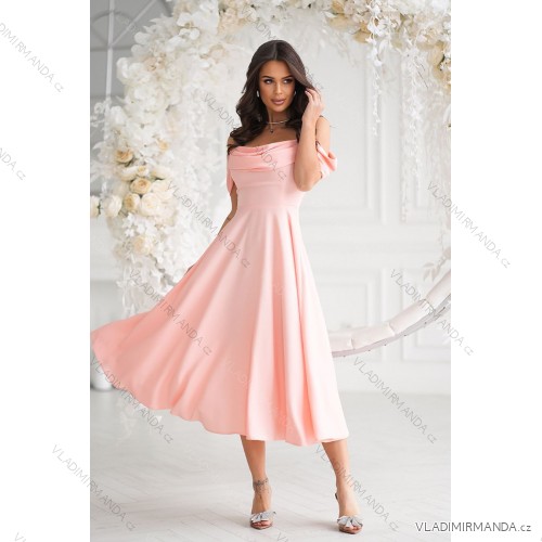 Glittery elegant party dress with geometric neckline on straps for women (34-46) POLISH FASHION PMLBC24320-20 růžová meruňková 34